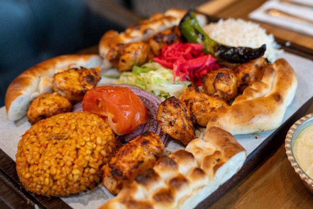 Chicken shish kebab with bulgur and and rice